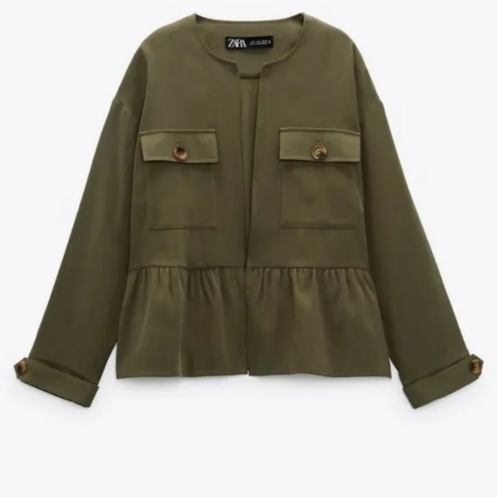 NEW Zara Open Ruffle Khaki Jacket Medium